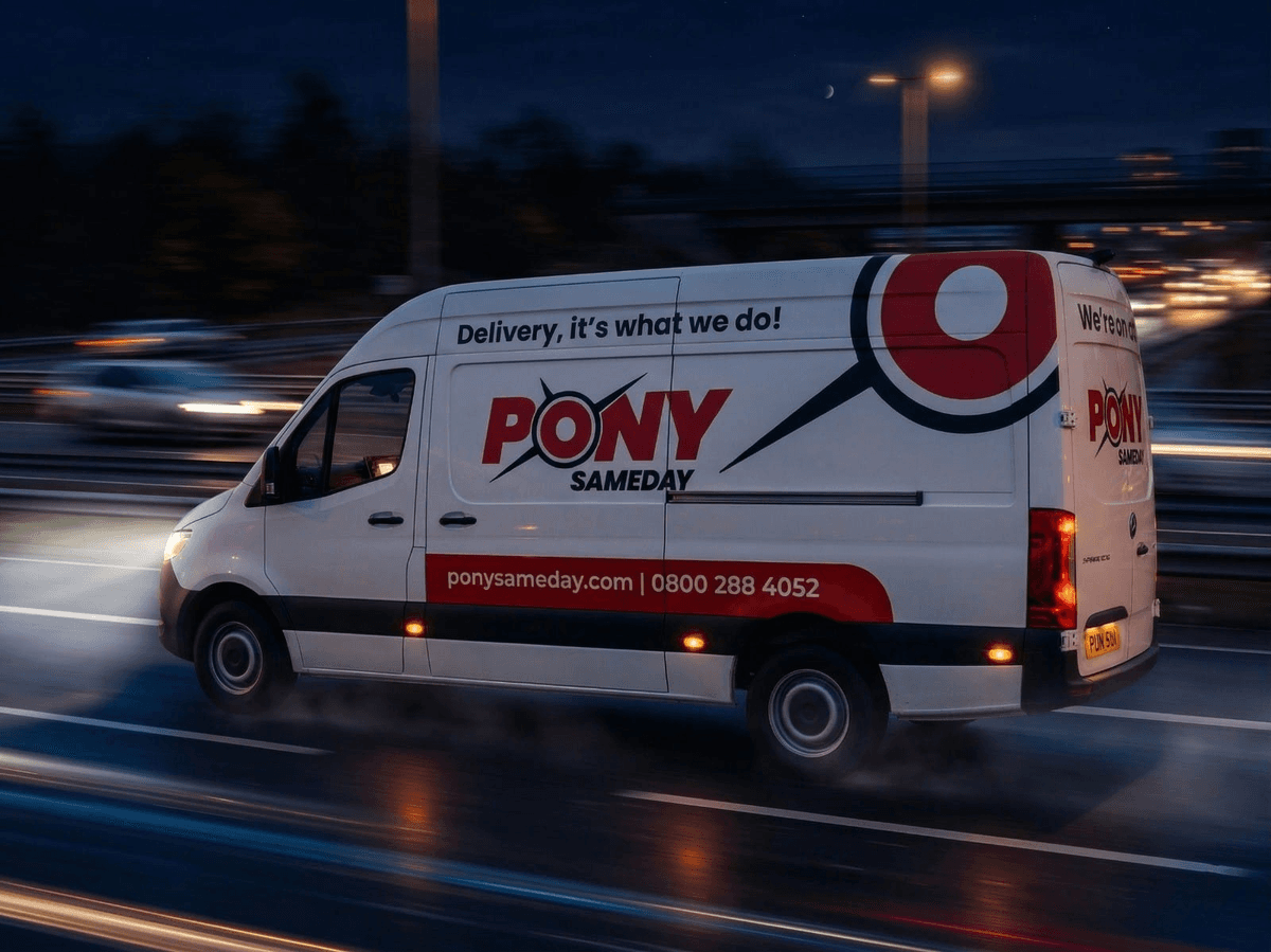 Pony Sameday van driving at night